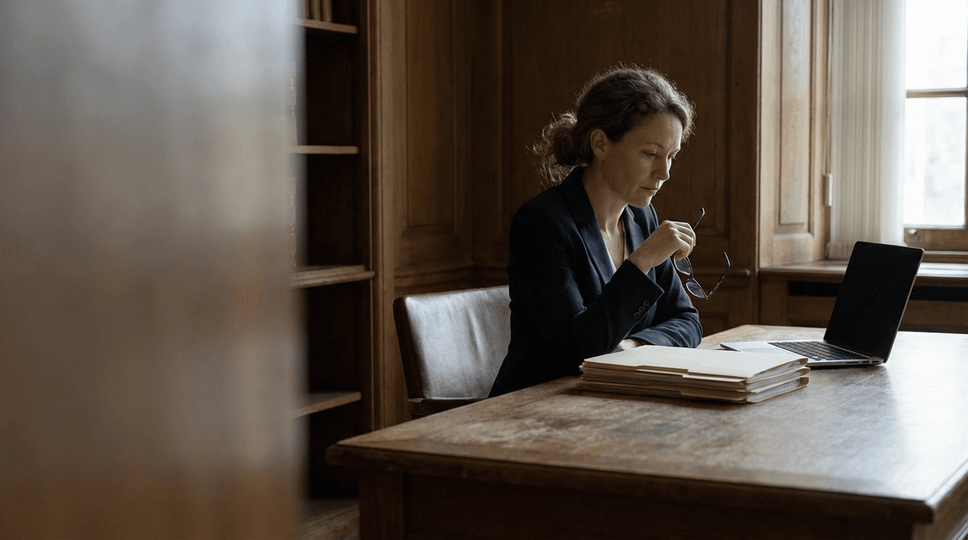 Professional reviewing data protection and policy documentation at a quiet office desk with natural light