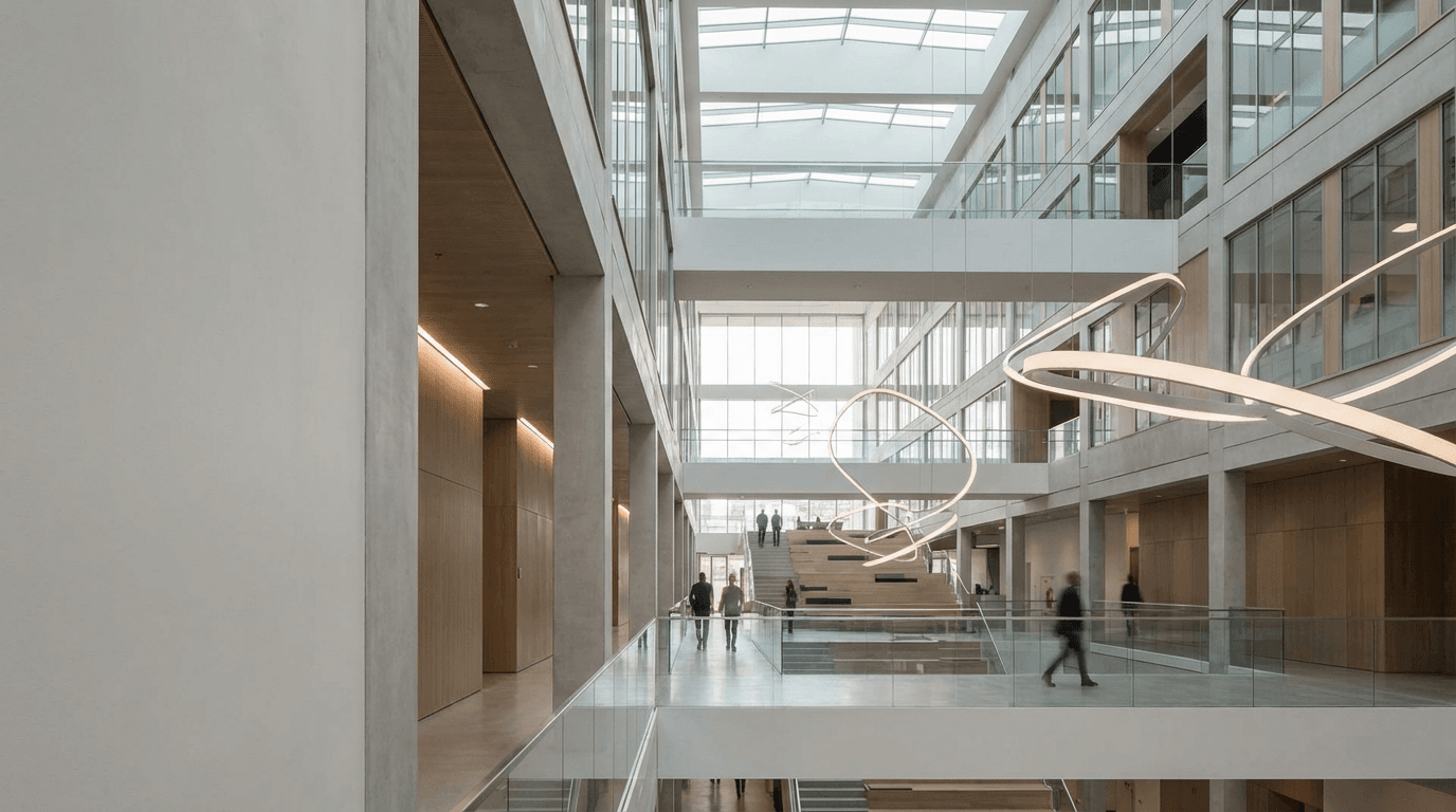 Spacious contemporary office atrium with glass walkways suggesting clear navigation and structure