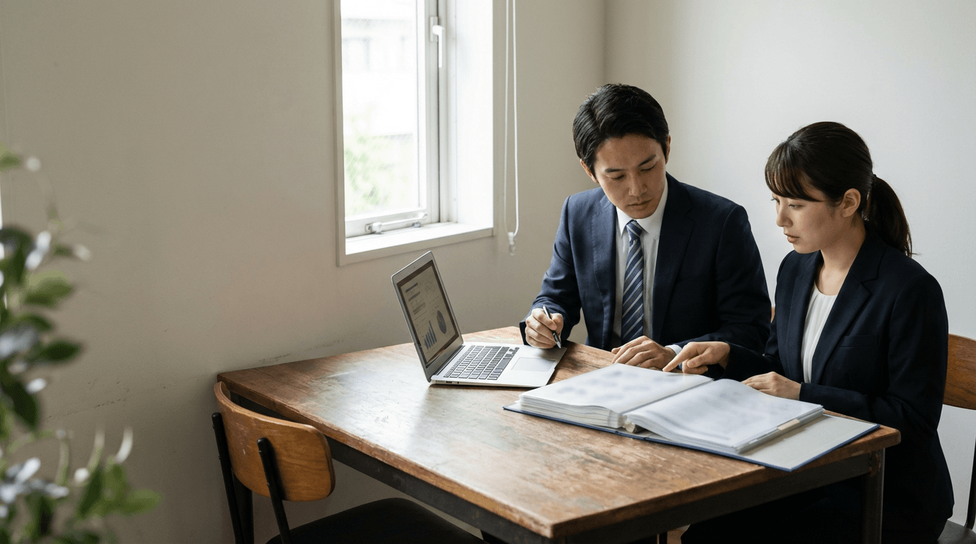 Legal and business stakeholders reviewing printed agreement terms in a formal meeting setting