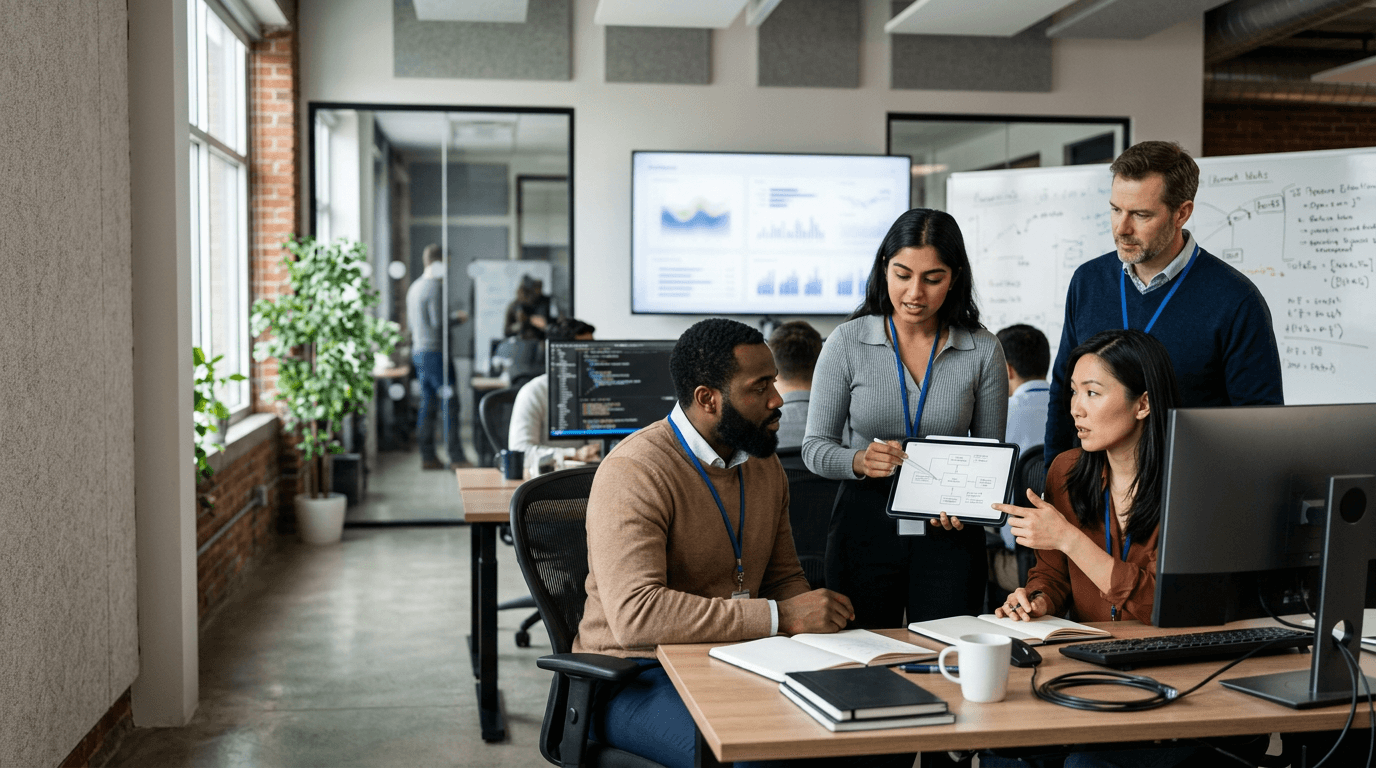 Data science and ML engineers reviewing model development and evaluation in a production-minded lab workspace