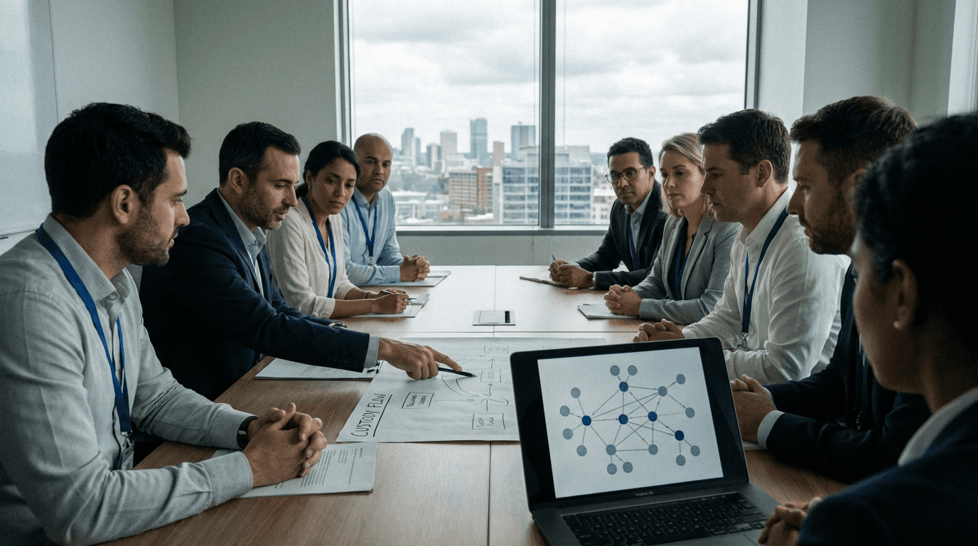 Architecture and risk stakeholders in a workshop reviewing network topology and custody flows for governed blockchain platforms