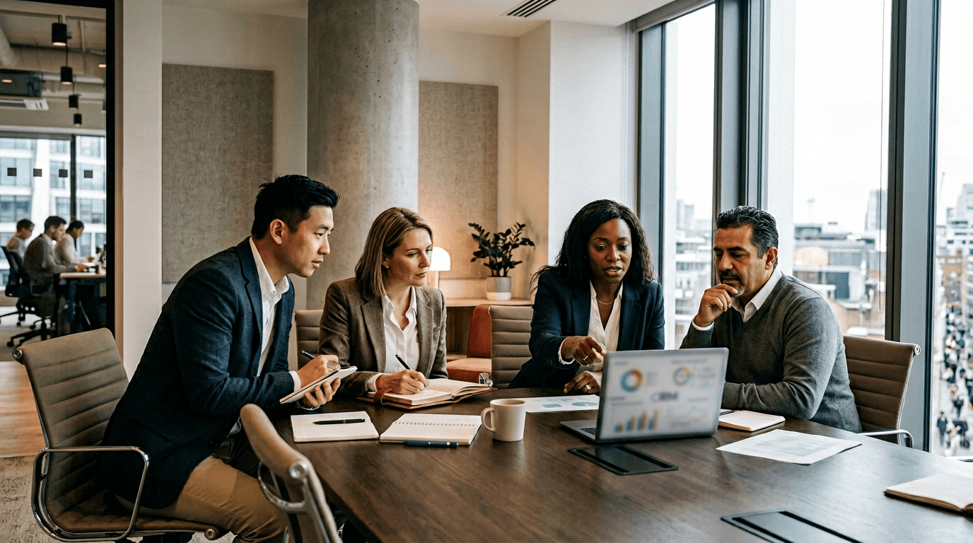 Revenue and customer leaders reviewing pipeline and account strategy in a professional meeting room