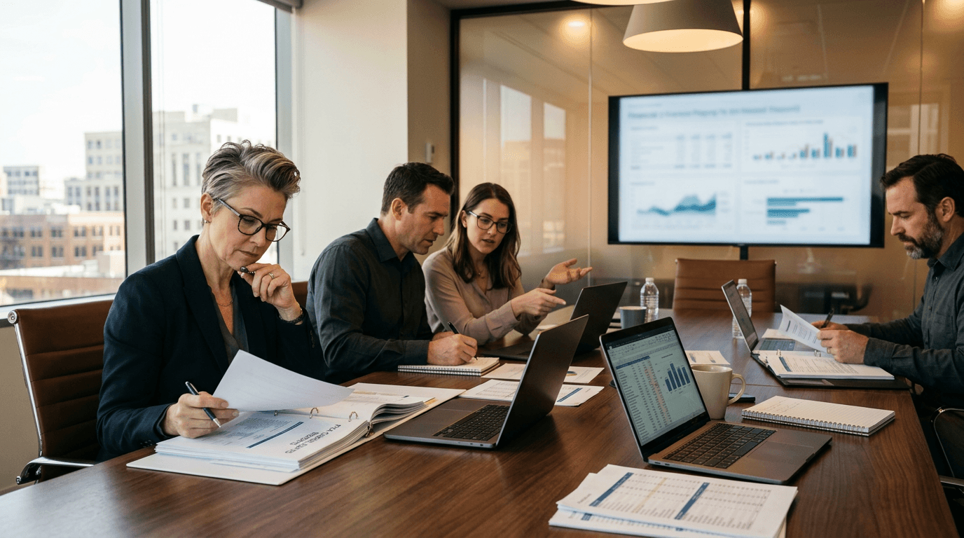 Finance executives and controllers aligned on reporting and operational planning during a close or forecasting session