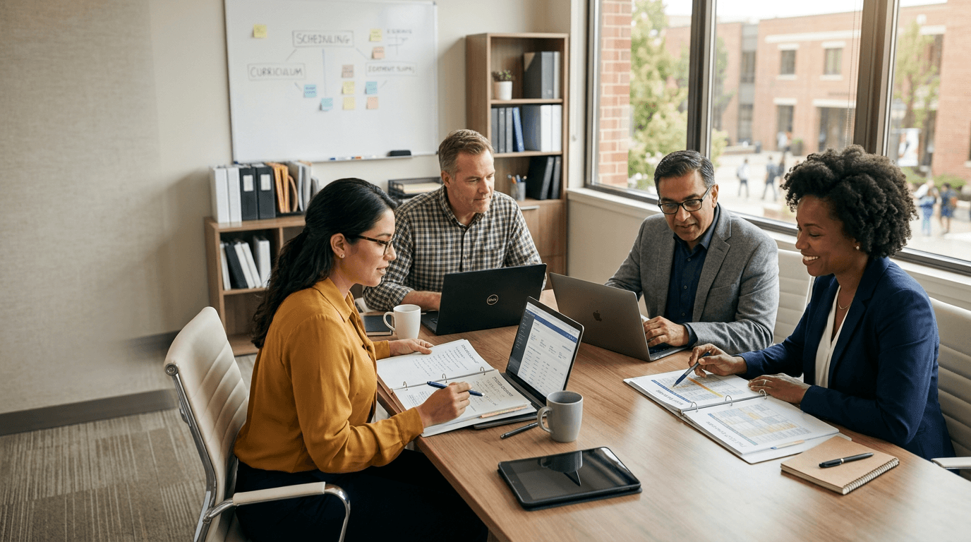 School administrators and educators collaborating on timetables and student operations in a modern campus office