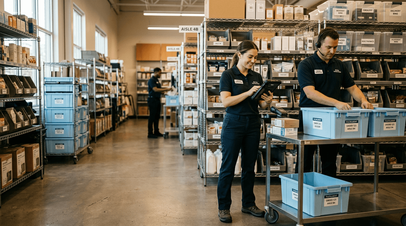 Retail associates coordinating store fulfillment and delivery tasks in a modern back-of-house operations area