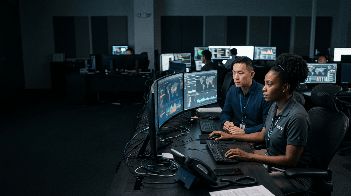 Security operations analysts monitoring systems in a modern SOC-style environment with disciplined lighting