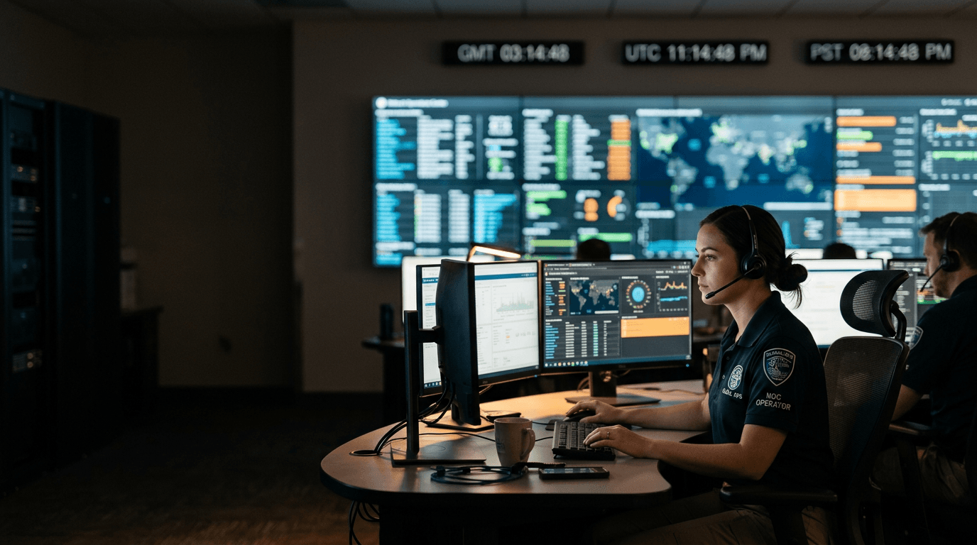 Operations engineers coordinating managed services coverage in a 24/7 network operations center