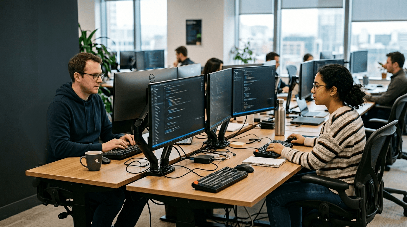 Software engineers pair-programming at workstations with multiple monitors in a focused delivery room
