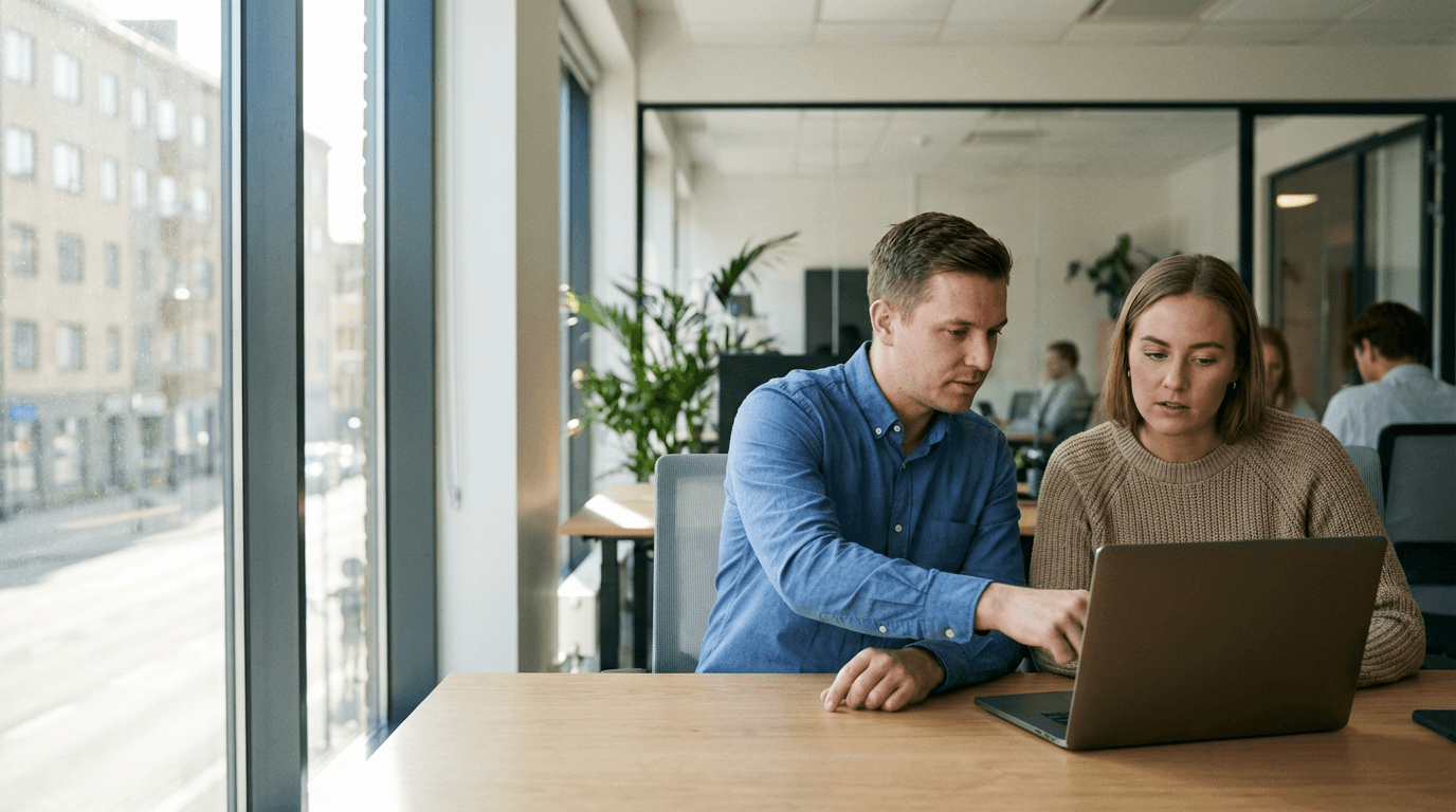 Workplace IT specialist assisting a colleague with endpoint setup in a modern office environment
