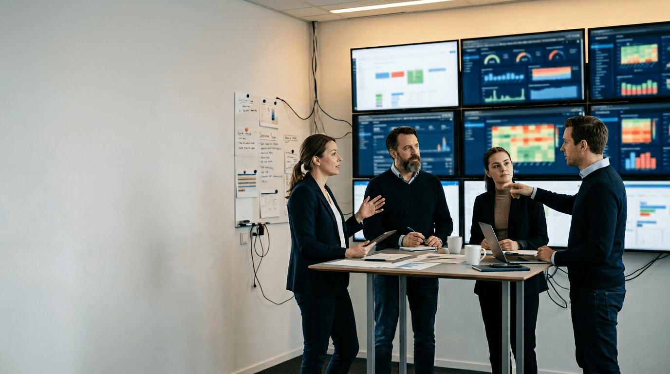 Analytics practitioners interpreting operational dashboards on large displays in a modern insight workspace