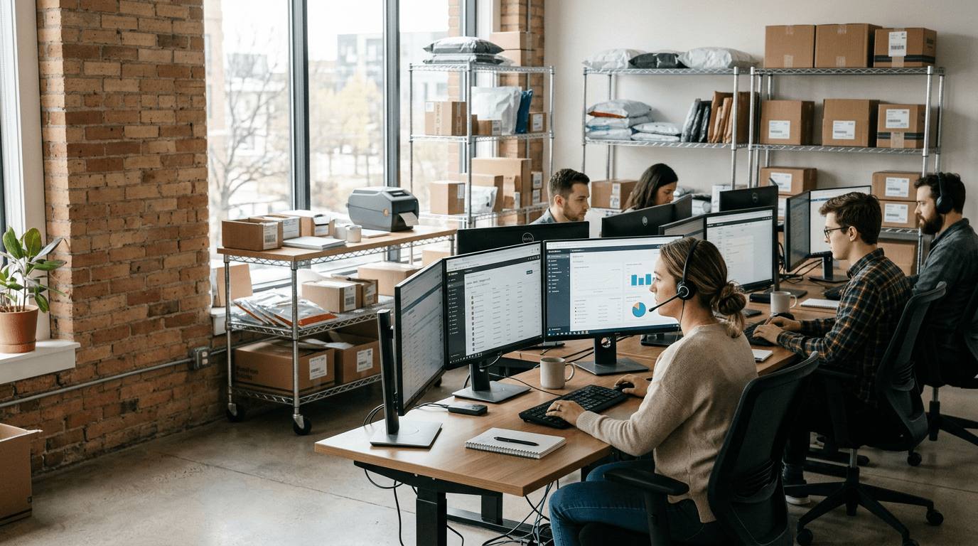 Commerce operations staff coordinating omnichannel orders and fulfillment systems in a control-room setting