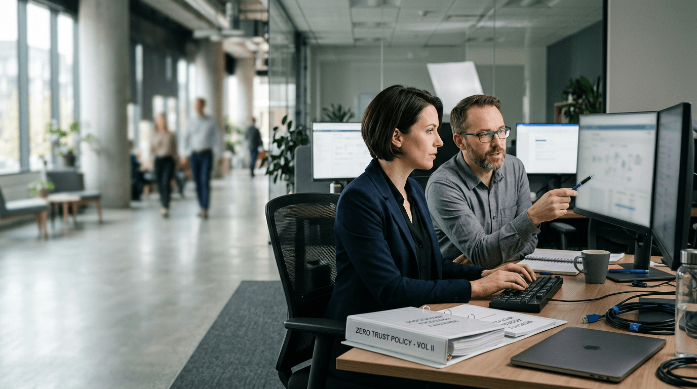 Security architects reviewing identity and access governance at workstations with policy documentation