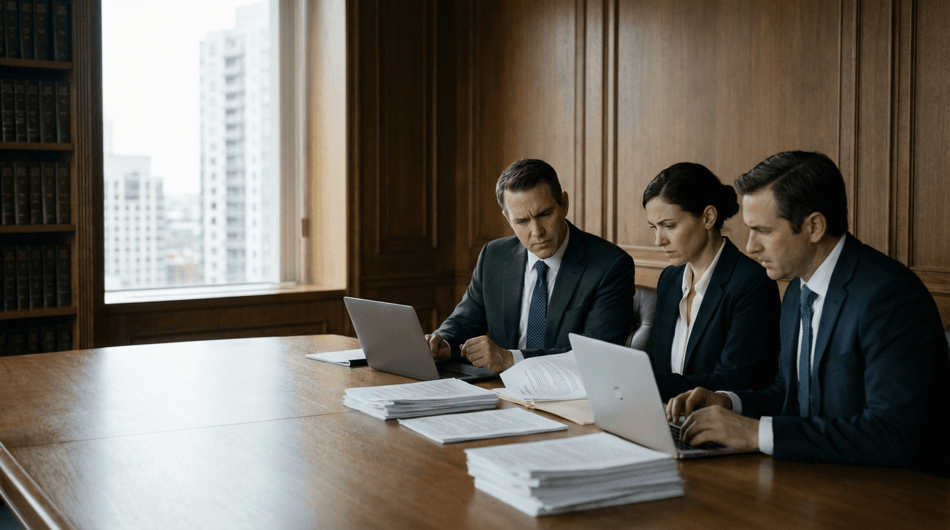 Legal and commercial professionals reviewing contract materials and clause libraries in a formal office setting