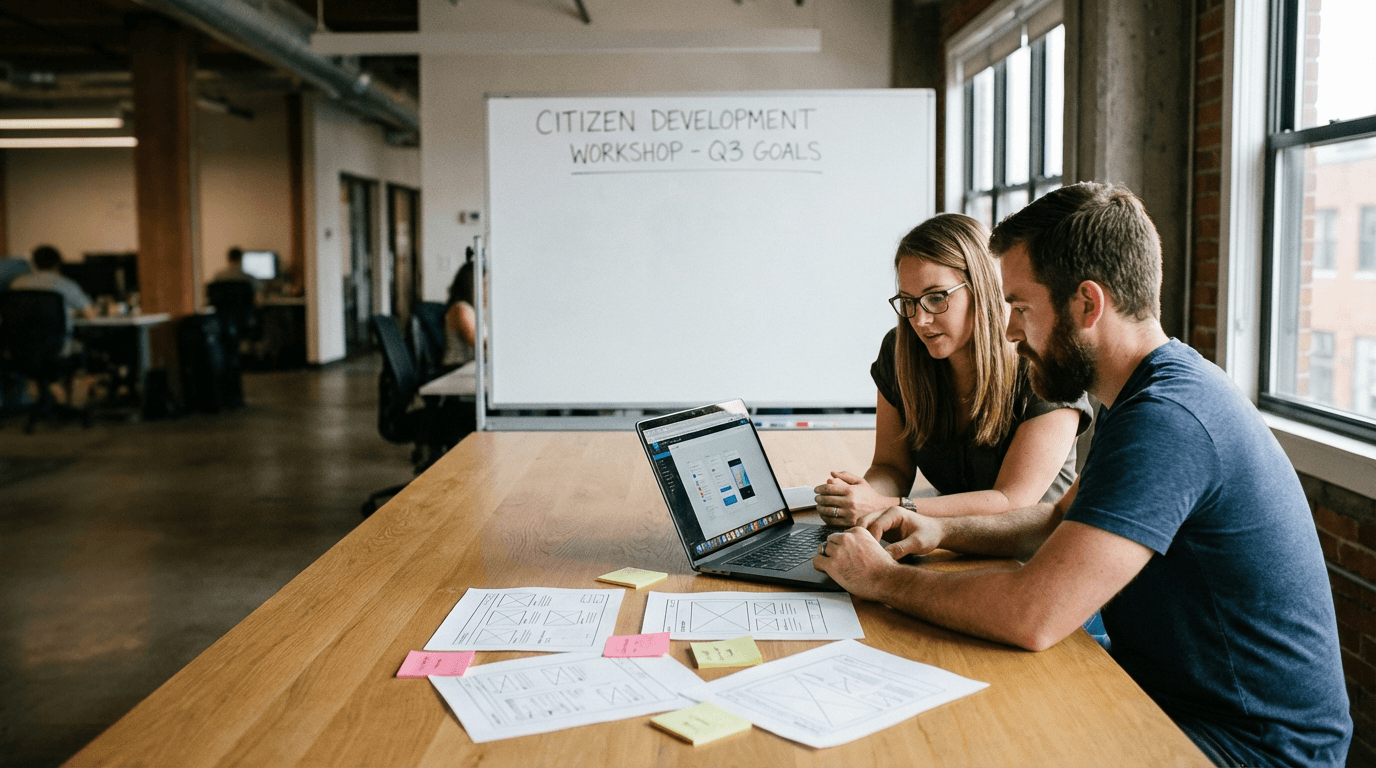 Business and IT facilitators co-designing applications in a low-code workshop with laptops and process sketches