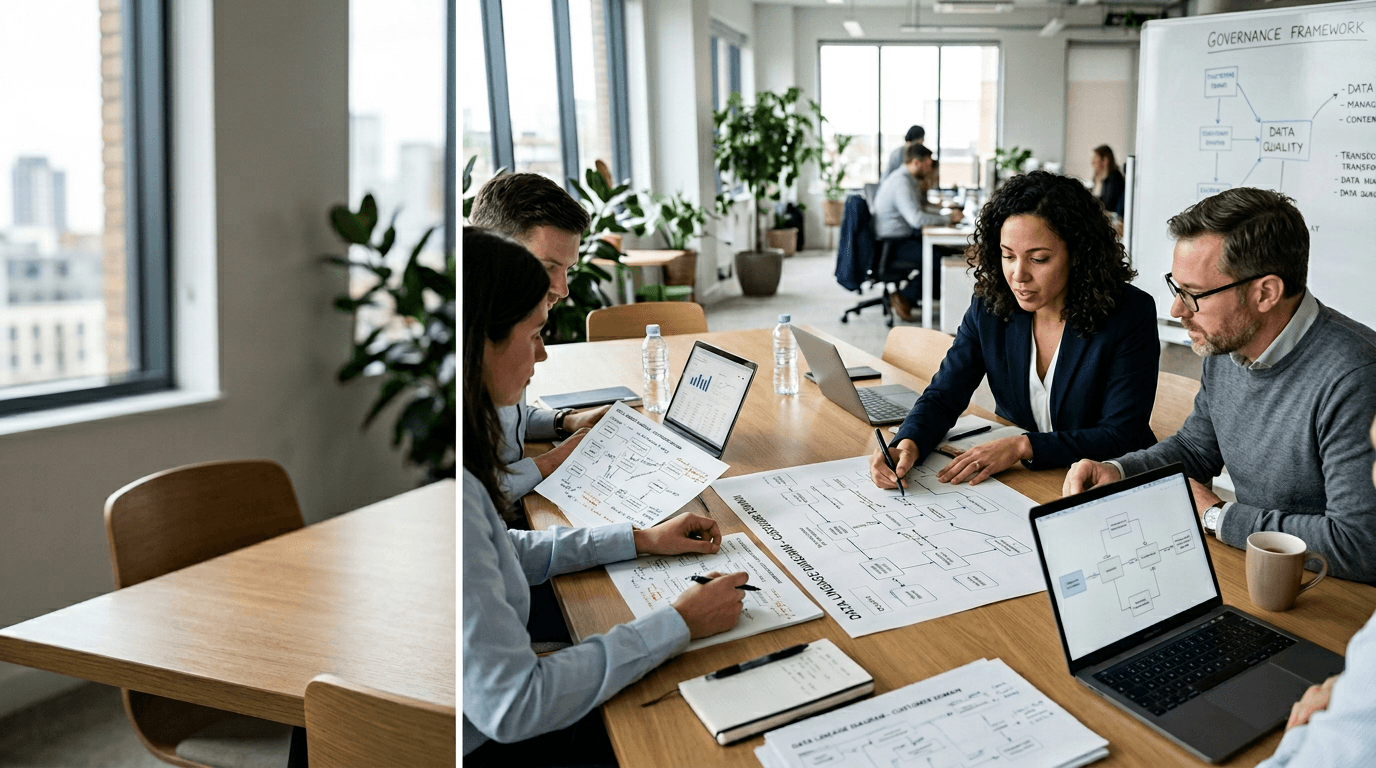 Data governance leads reviewing master data quality and stewardship rules in a focused working meeting