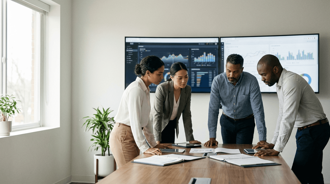 Procurement and supply chain leaders reviewing supplier and spend analytics in an operations office