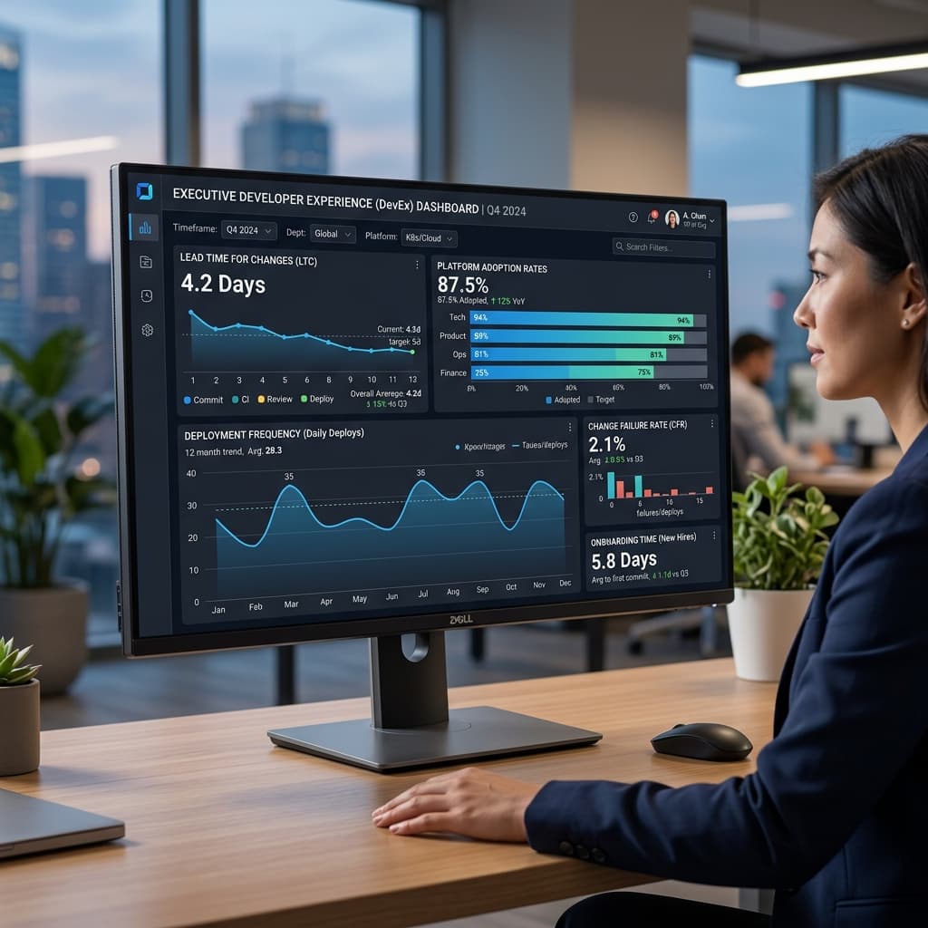 Executive dashboard showing developer experience KPIs like lead time for changes and platform adoption rates