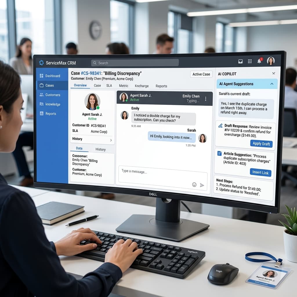 Realistic CRM customer support interface showing AI agent copilot suggestions