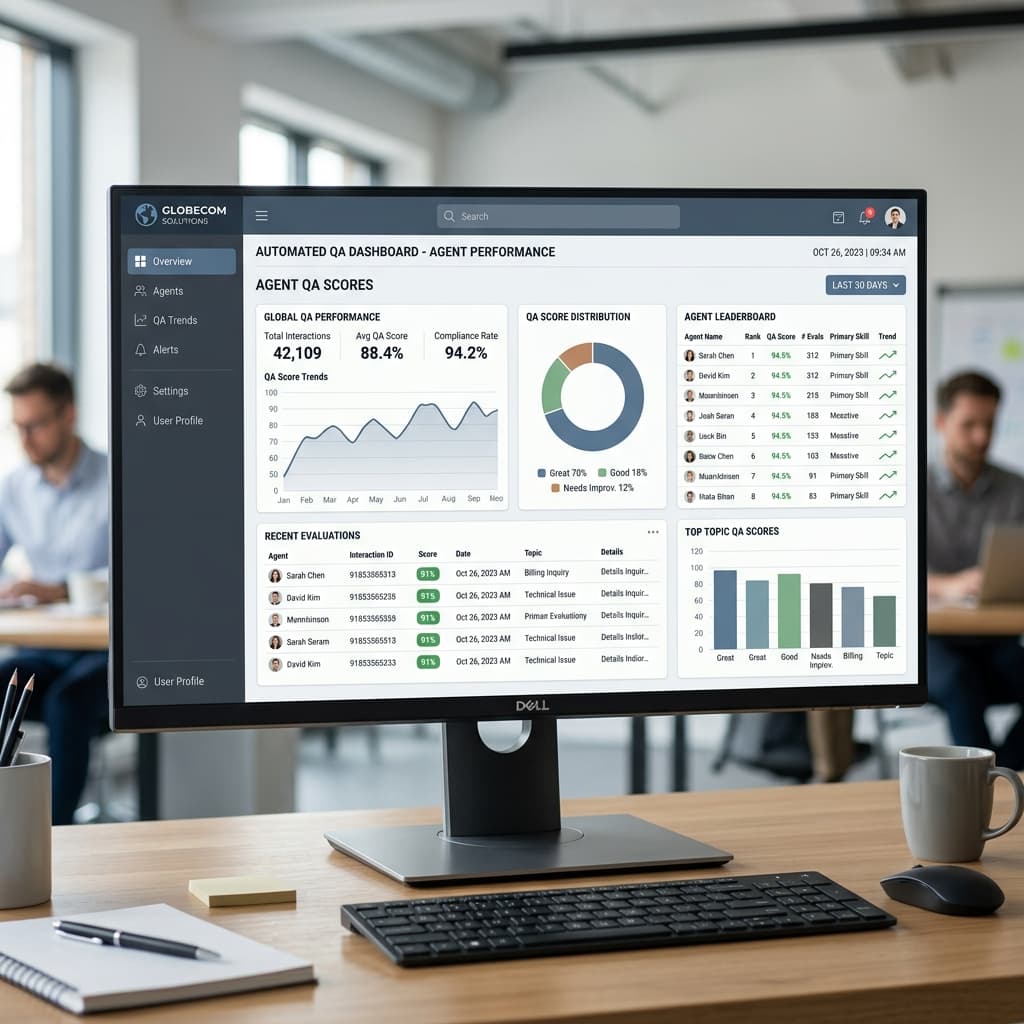 Data analytics dashboard showing automated quality assurance scores for support agents
