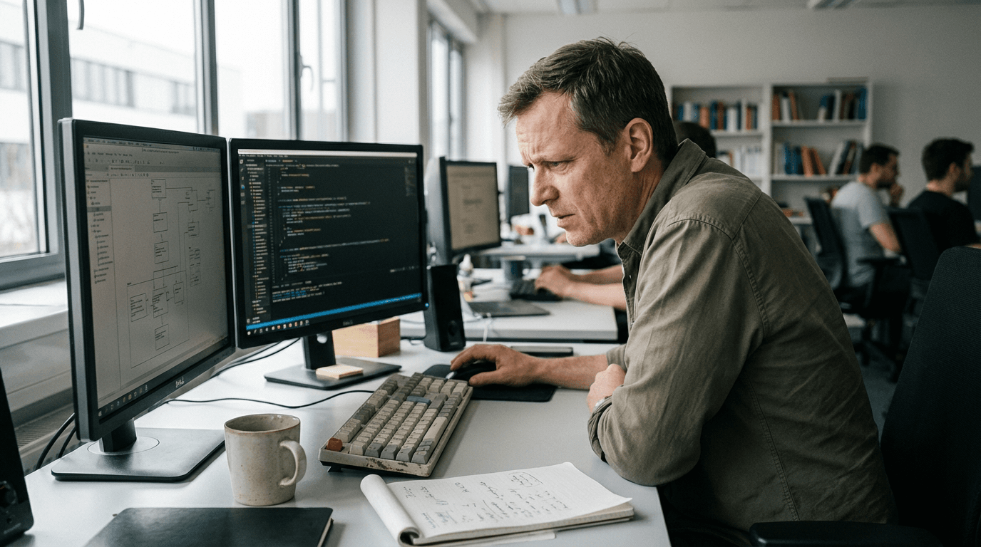 Technology practitioner working at a dual-monitor workstation with notes and documentation in natural office light