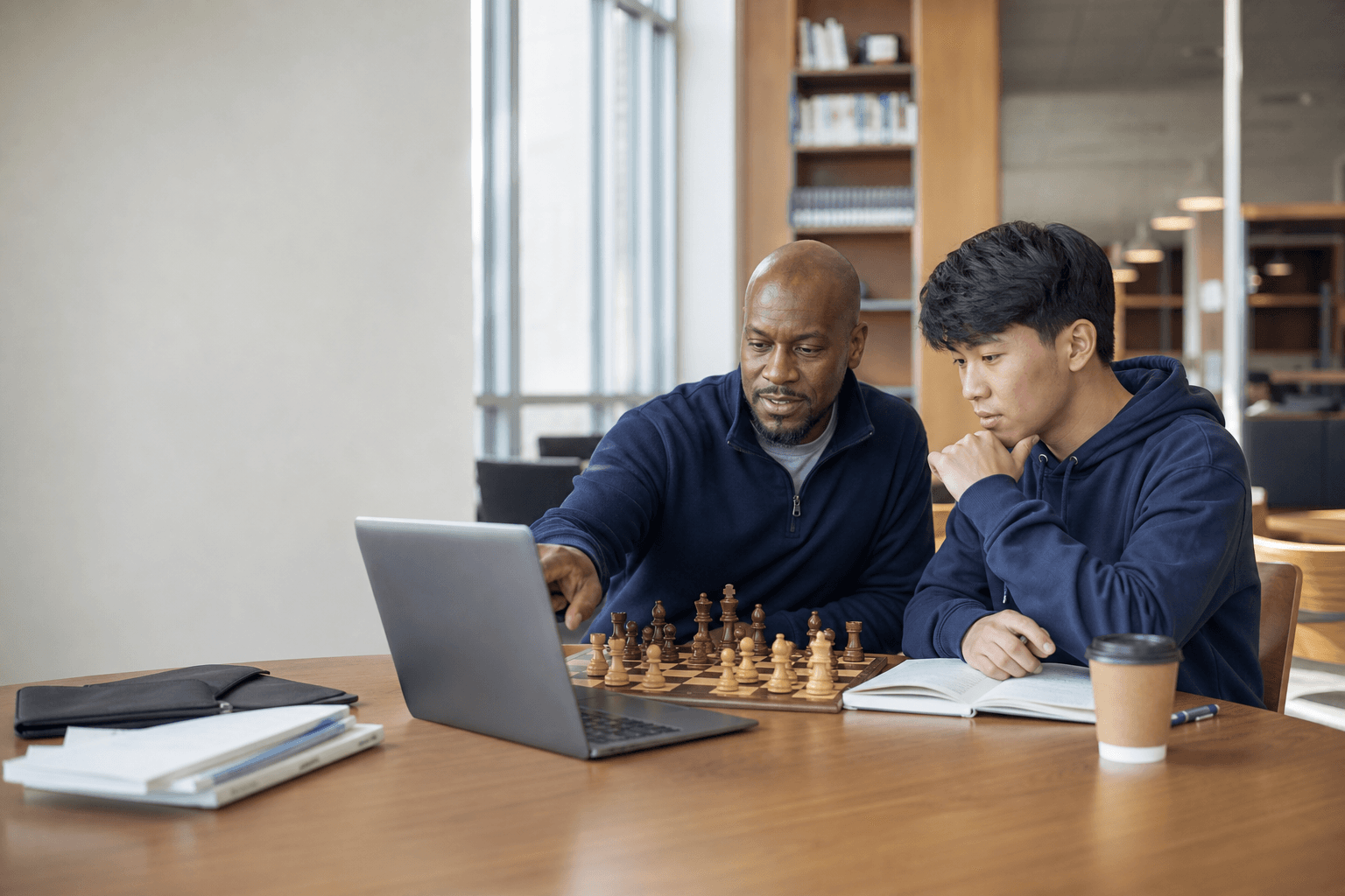 Chess coach and learner reviewing a game on a laptop in a modern study lounge