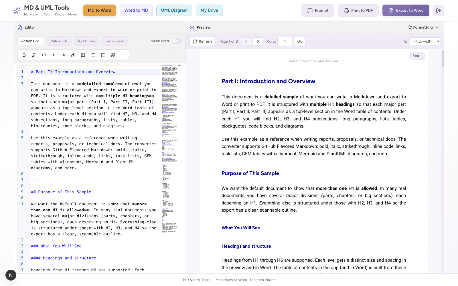 Markdownyi editor with live Word-style A4 preview side by side