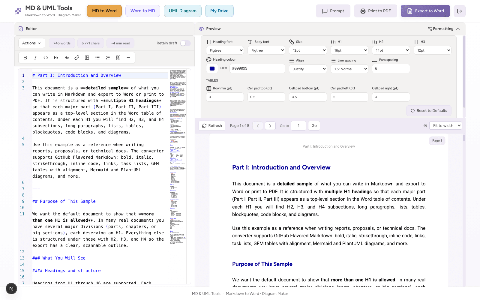 Markdownyi formatting panel for Word document export settings