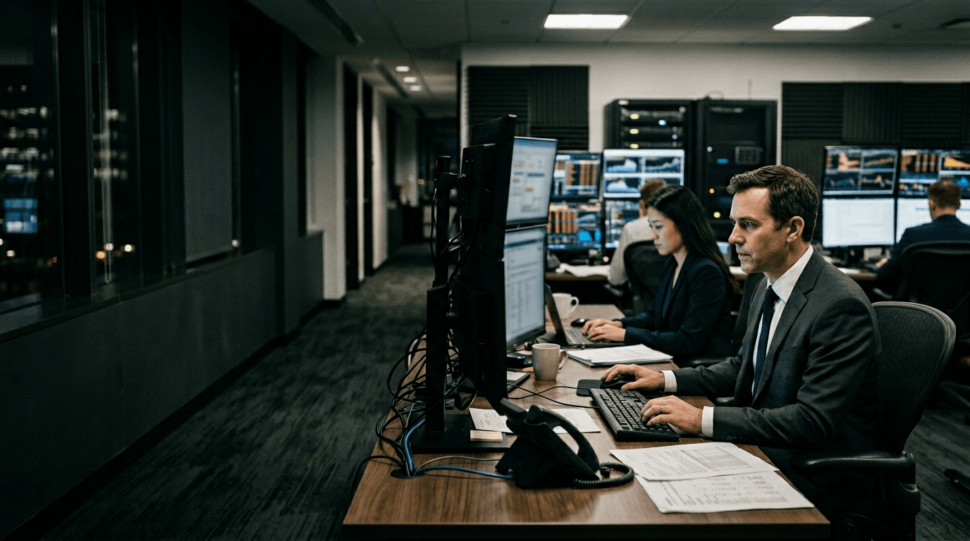 Treasury analysts monitoring cash and payments workflows with secure workstation setups in a finance office